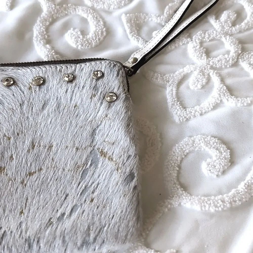 Patricia Nash Cassini White/Aqua Metallic Cow Hair Medium Clutch With Crystals - Picture 4 of 16
